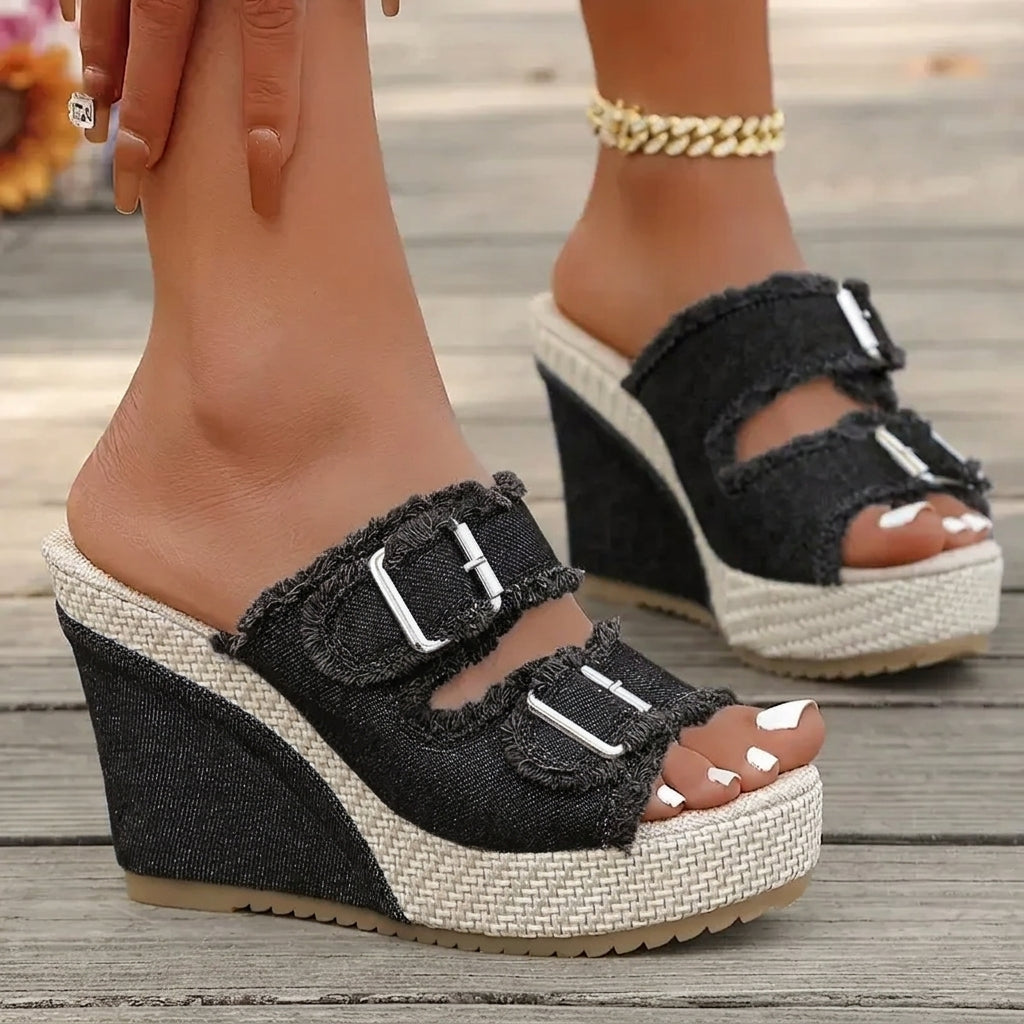 Elara | Denim Wedge Sandals