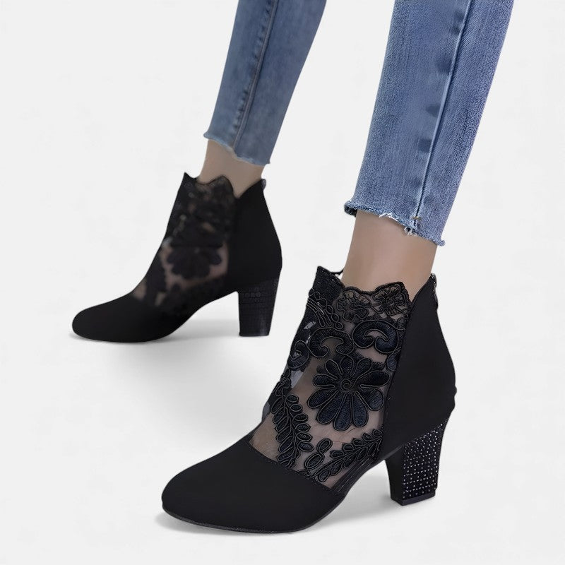 Barbara | Lace Ankle Boots with Block Heel and Pointed Toe