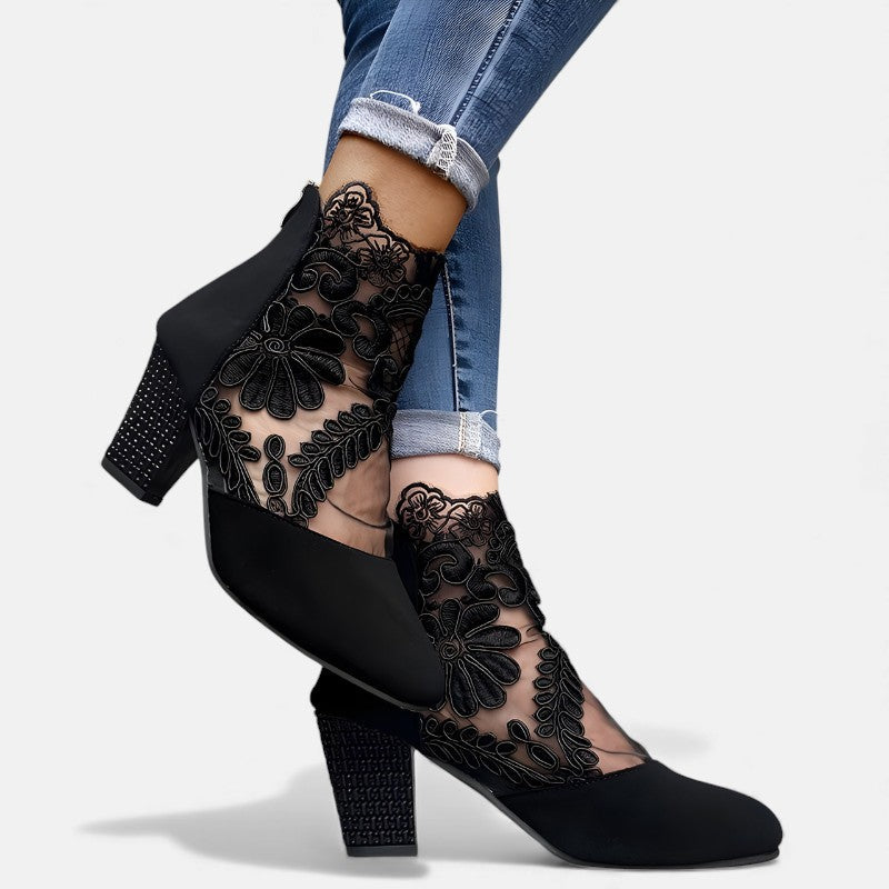 Barbara | Lace Ankle Boots with Block Heel and Pointed Toe