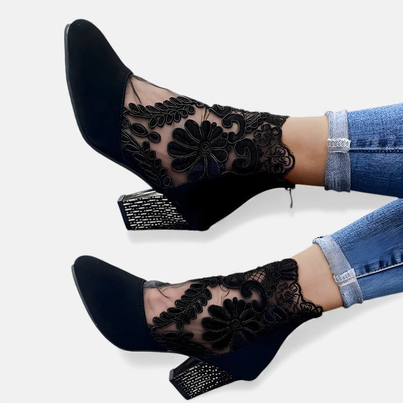 Barbara | Lace Ankle Boots with Block Heel and Pointed Toe