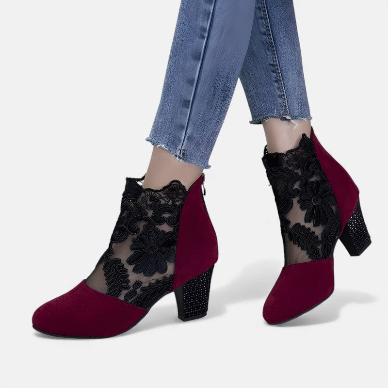 Barbara | Lace Ankle Boots with Block Heel and Pointed Toe