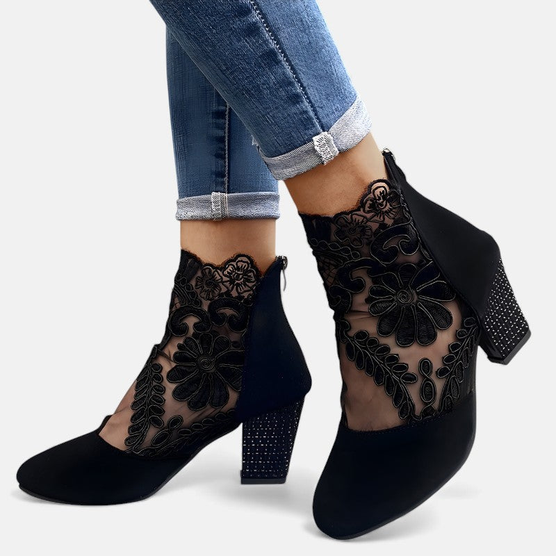 Barbara | Lace Ankle Boots with Block Heel and Pointed Toe