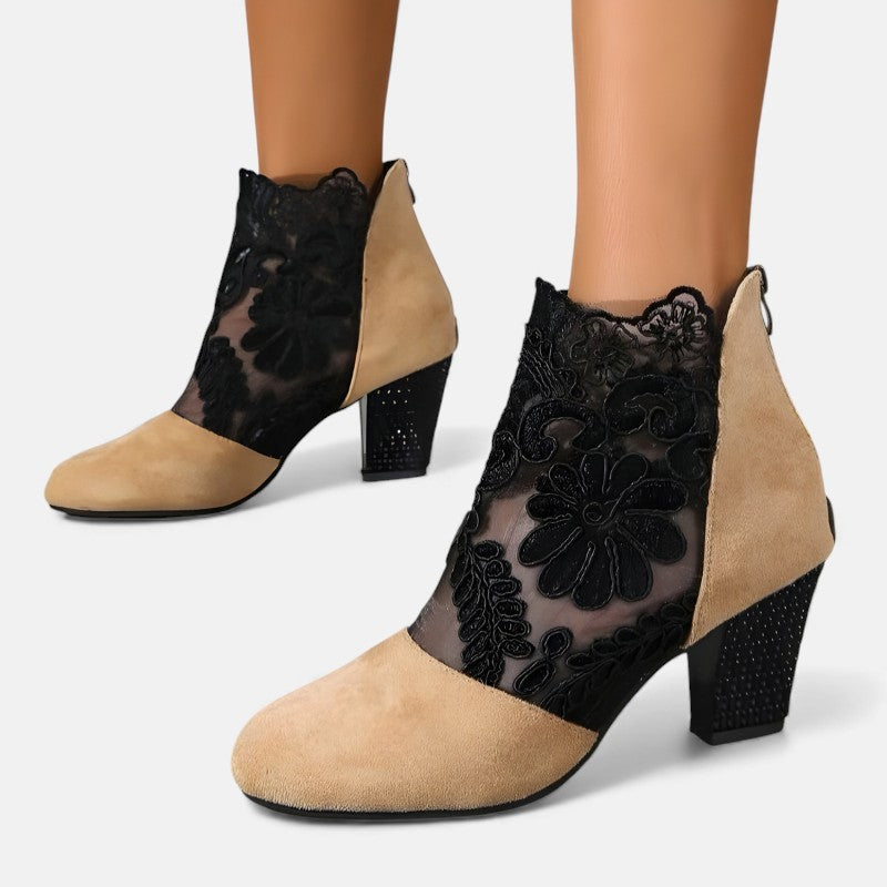 Barbara | Lace Ankle Boots with Block Heel and Pointed Toe