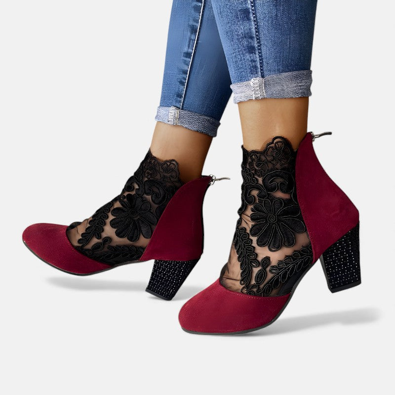 Barbara | Lace Ankle Boots with Block Heel and Pointed Toe