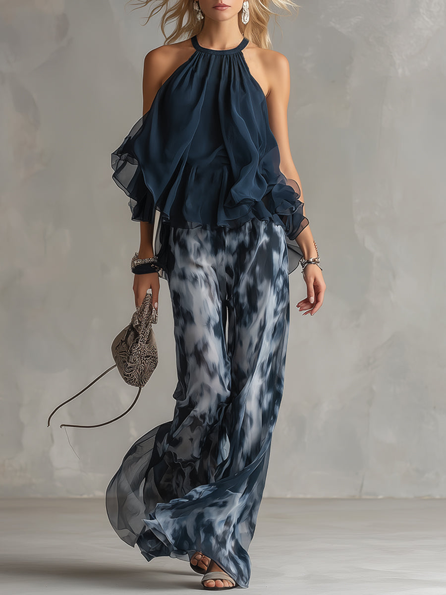 Marie | Elegant Chiffon Set with High-neck Top and Wide-leg Printed Trousers