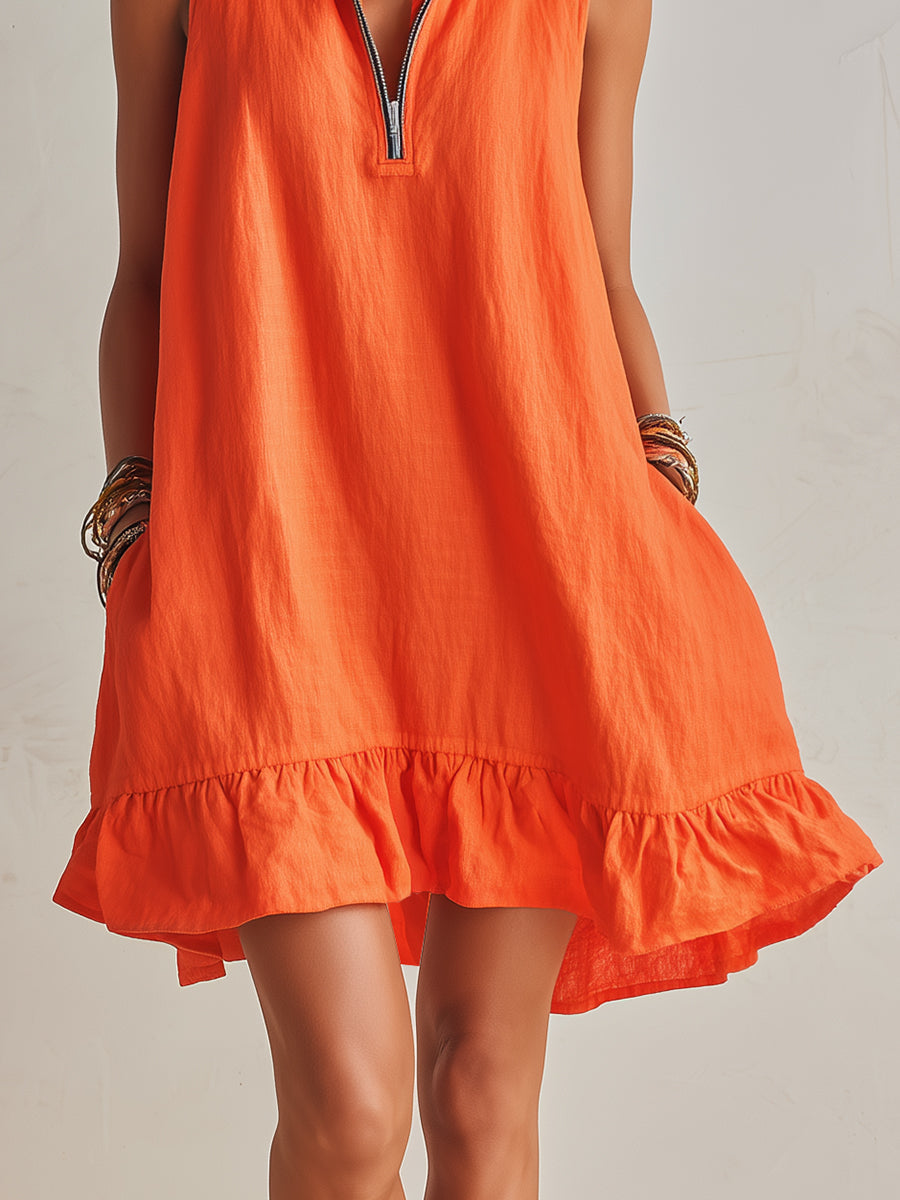 Andrea | Vibrant Half-Zip Stand Collar Ruffled Hem Mini Dress