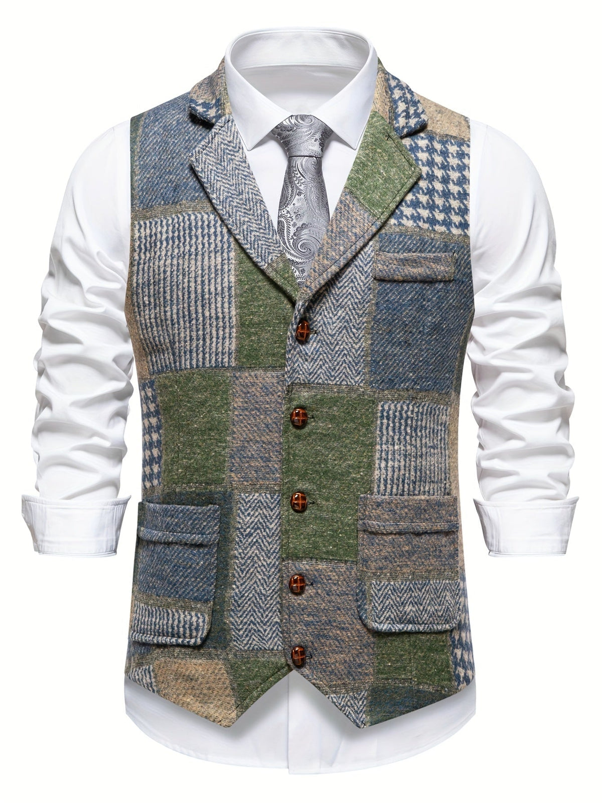 Leo | Patchwork Tweed Waistcoat with Herringbone Pattern