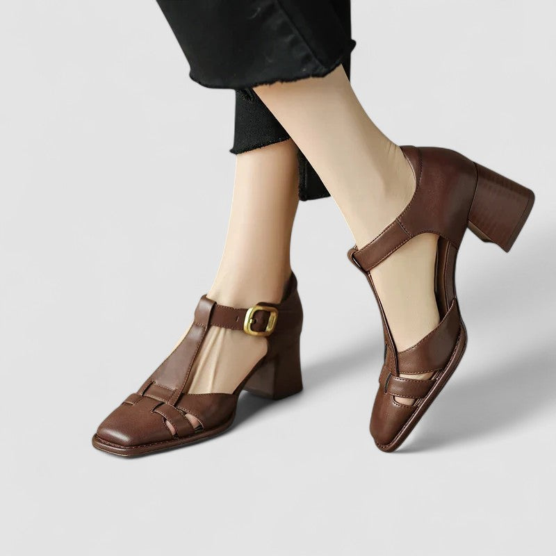 Carrie | Orthopedic Block Heels with T-Strap and Buckle Closure