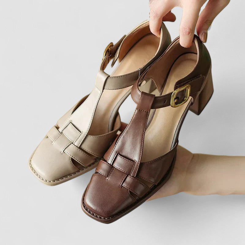 Carrie | Orthopedic Block Heels with T-Strap and Buckle Closure