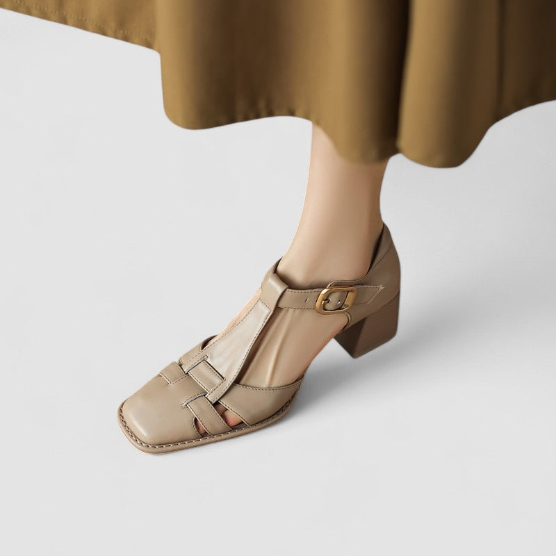 Carrie | Orthopedic Block Heels with T-Strap and Buckle Closure