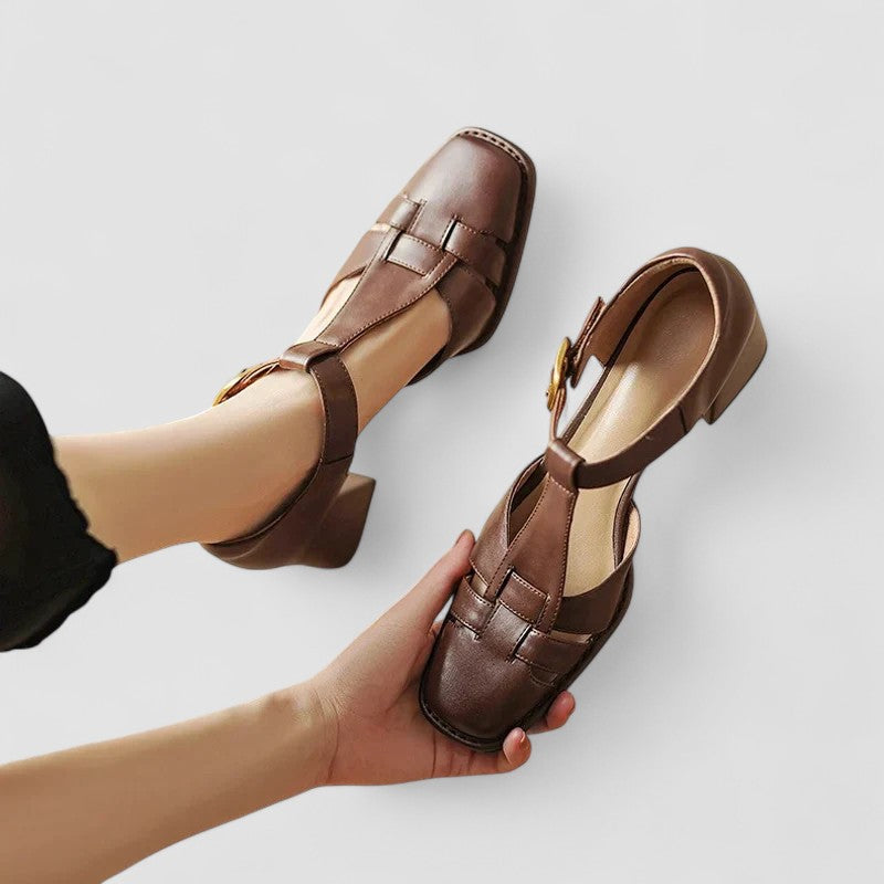 Carrie | Orthopedic Block Heels with T-Strap and Buckle Closure