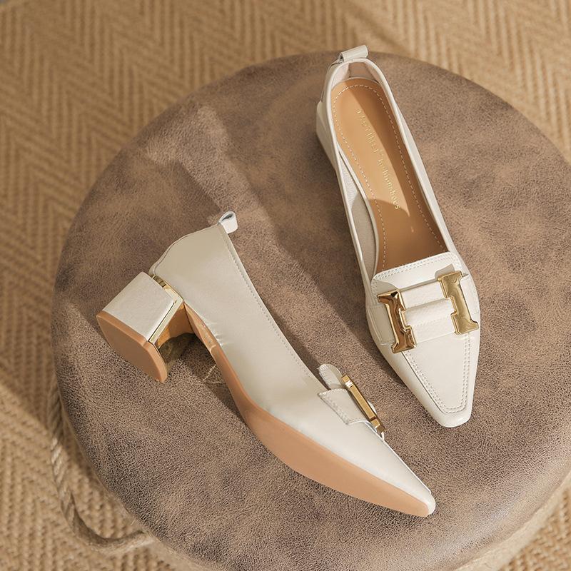 Rhonda | Block Heel Loafers with Pointed Toe and Gold Buckle