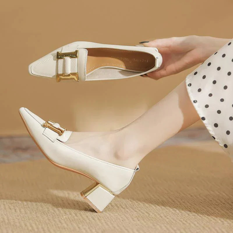 Rhonda | Block Heel Loafers with Pointed Toe and Gold Buckle