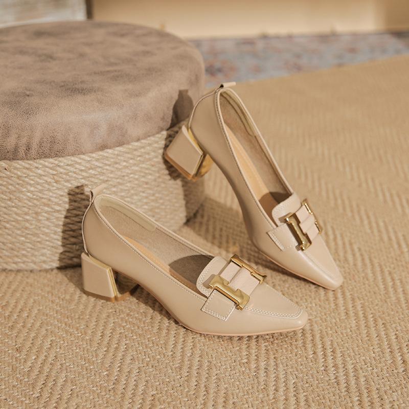 Rhonda | Block Heel Loafers with Pointed Toe and Gold Buckle