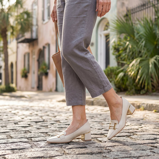 Rhonda | Block Heel Loafers with Pointed Toe and Gold Buckle
