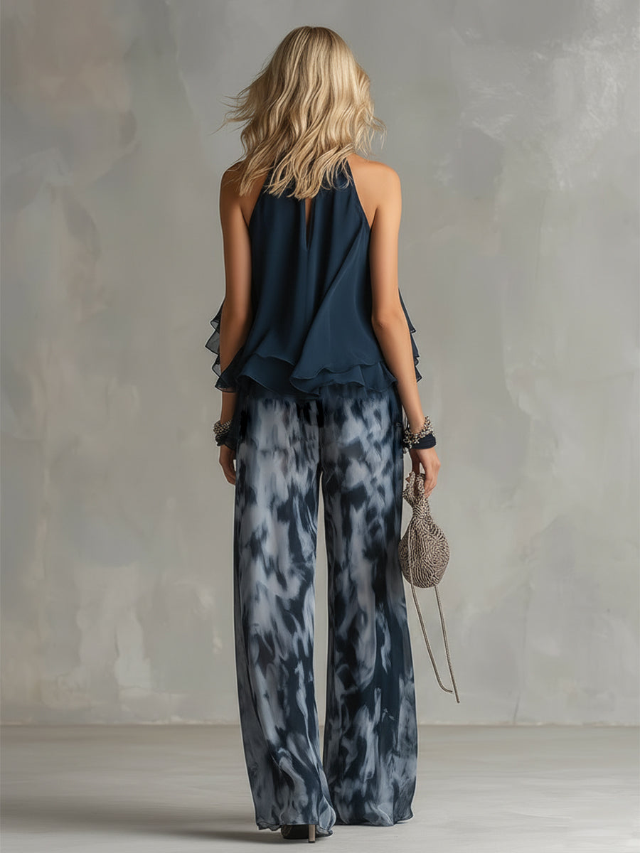 Marie | Elegant Chiffon Set with High-neck Top and Wide-leg Printed Trousers