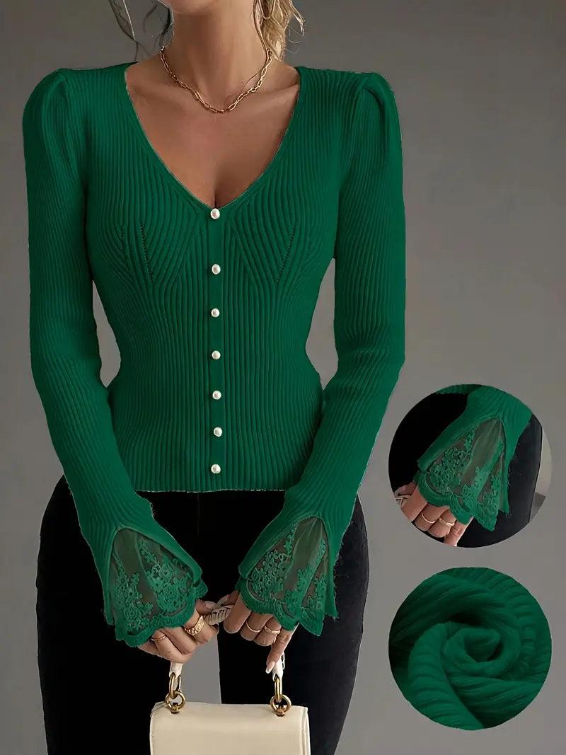 Mia | Ribbed V-Neck Sweater with Lace Sleeves