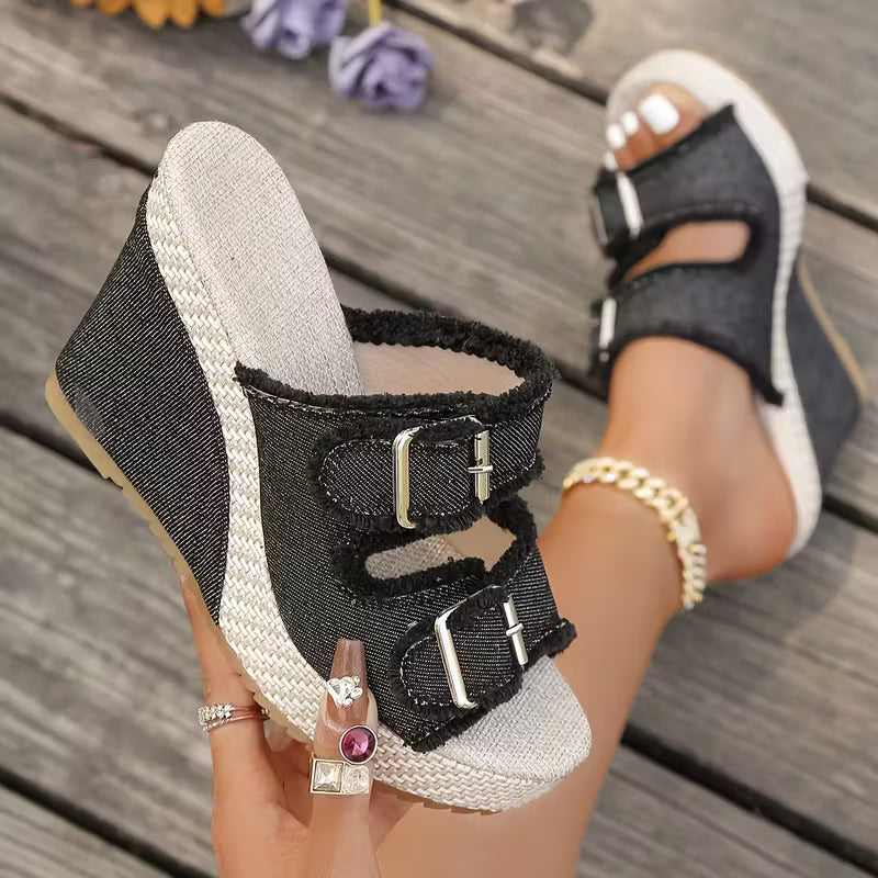 Elara | Denim Wedge Sandals