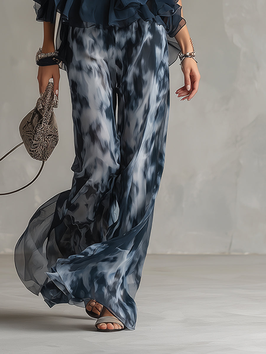 Marie | Elegant Chiffon Set with High-neck Top and Wide-leg Printed Trousers