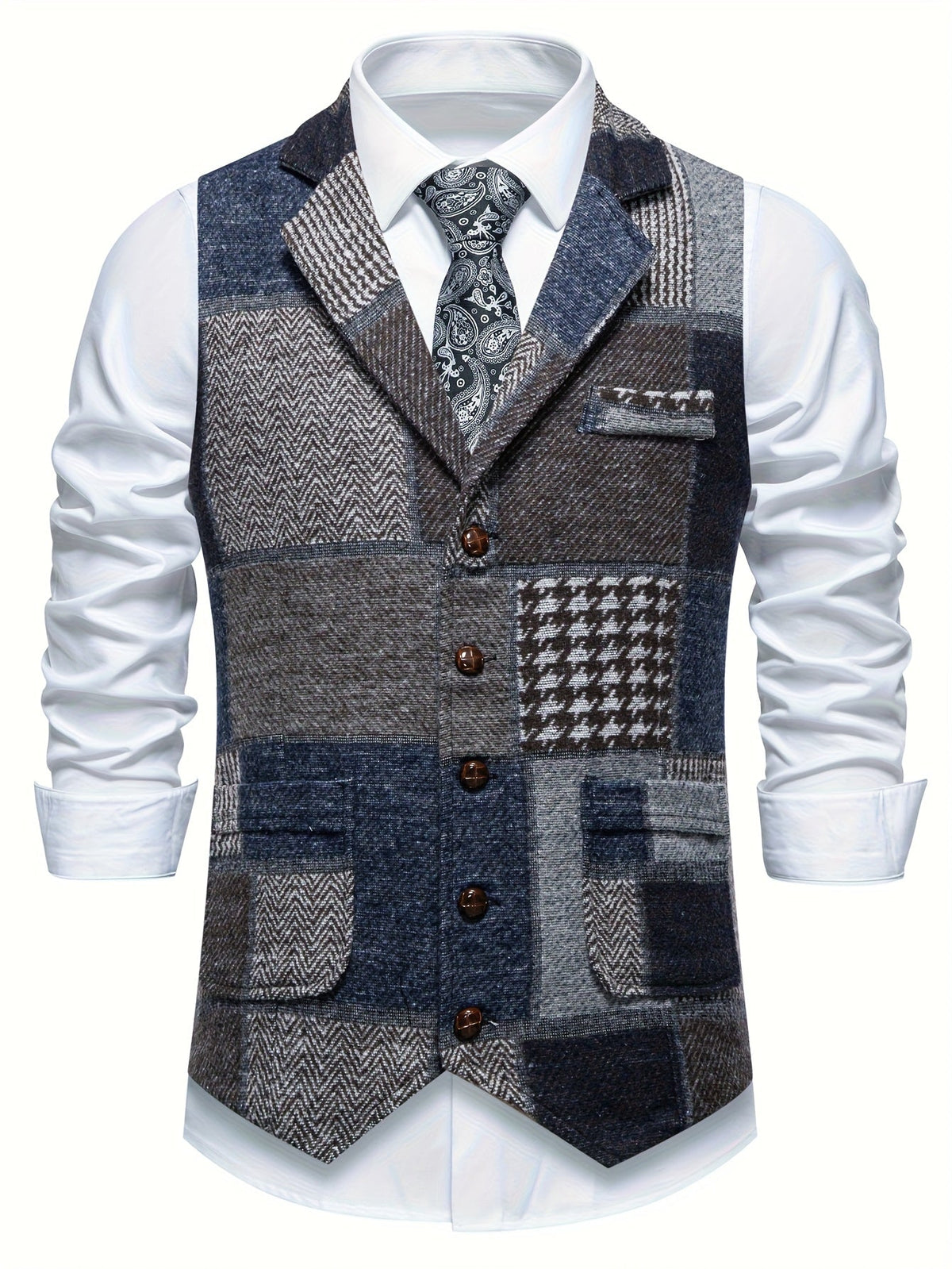 Leo | Patchwork Tweed Waistcoat with Herringbone Pattern