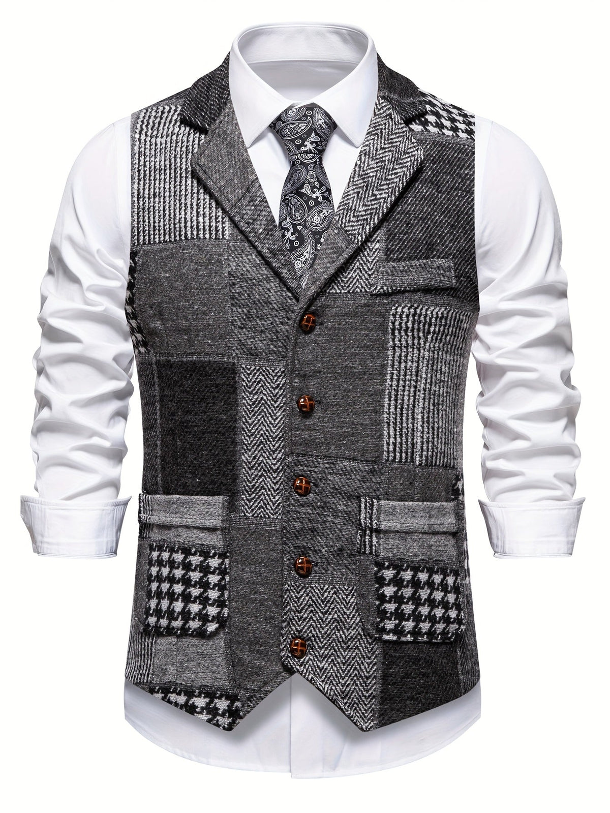 Leo | Patchwork Tweed Waistcoat with Herringbone Pattern