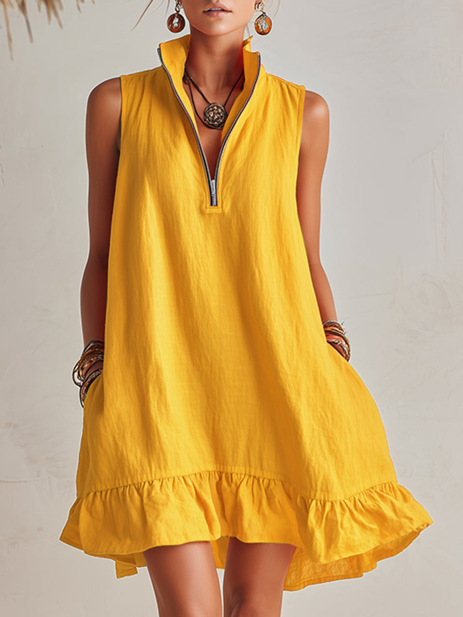 Andrea | Vibrant Half-Zip Stand Collar Ruffled Hem Mini Dress