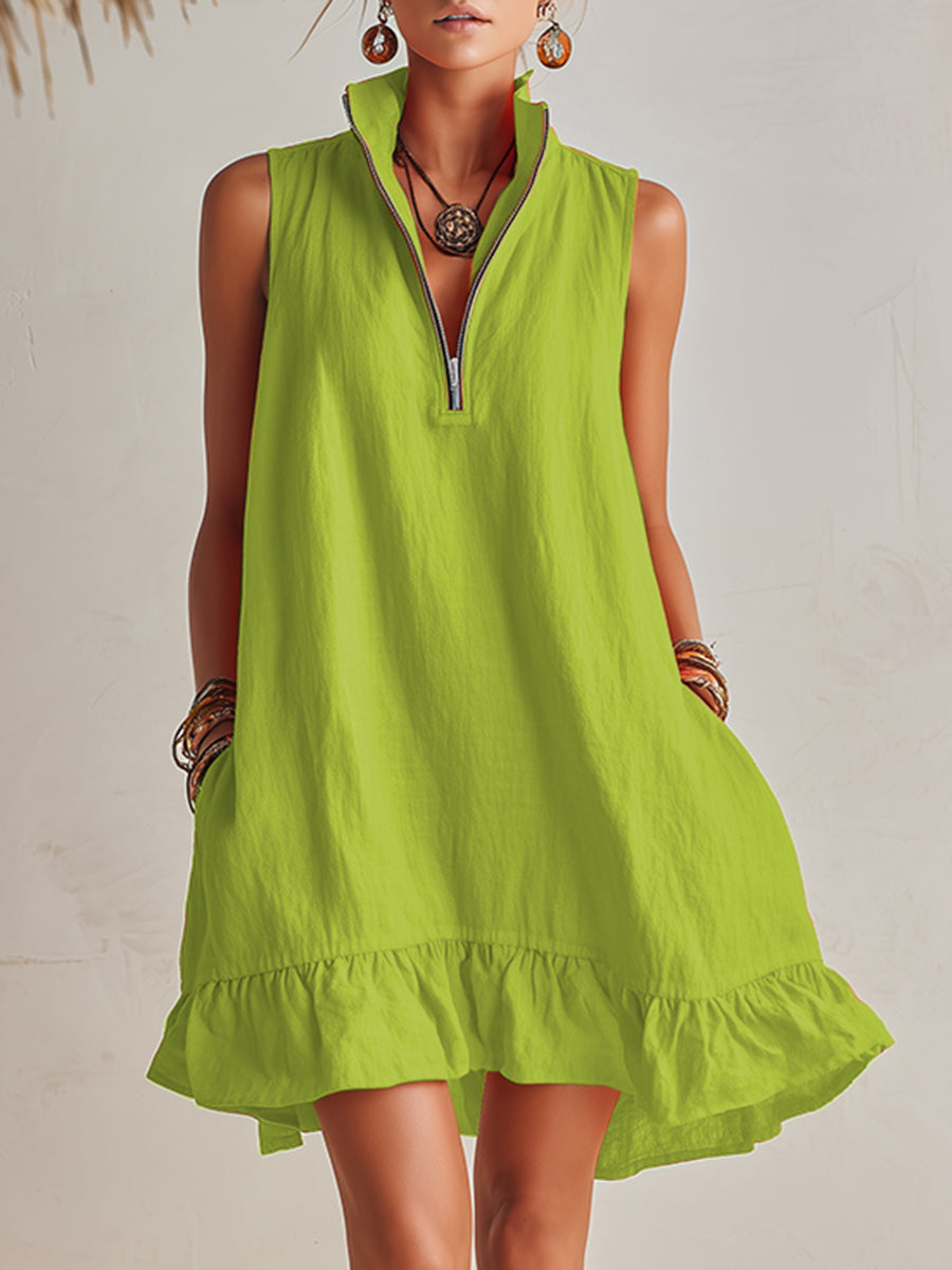 Andrea | Vibrant Half-Zip Stand Collar Ruffled Hem Mini Dress