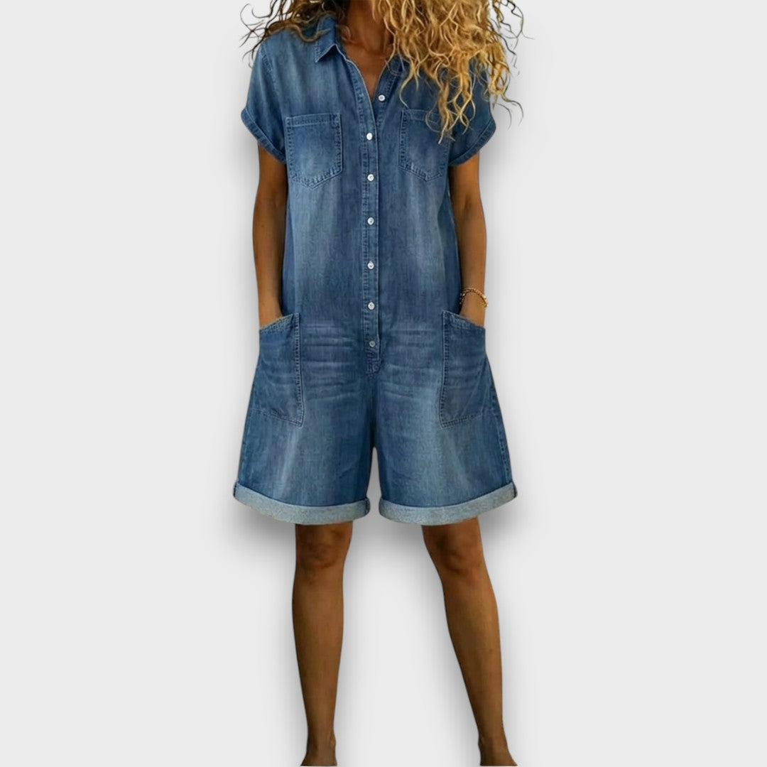 Sally | Vintage Short Cotton Denim-Look Jumpsuit