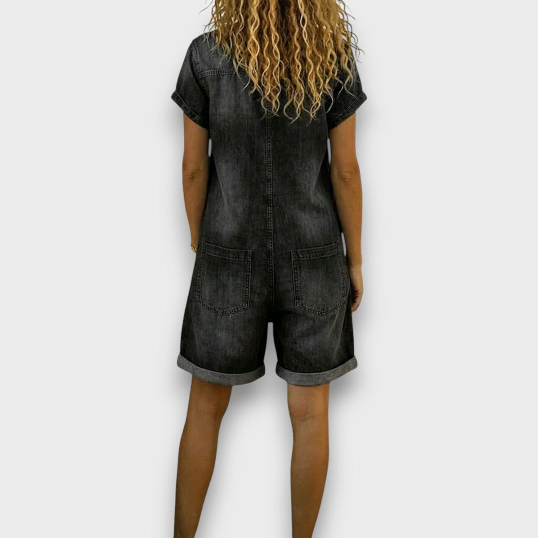 Sally | Vintage Short Cotton Denim-Look Jumpsuit