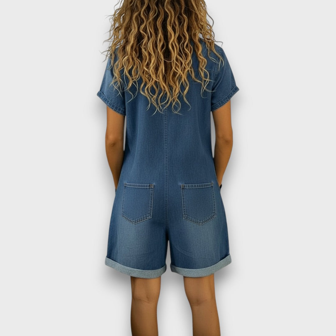 Sally | Vintage Short Cotton Denim-Look Jumpsuit