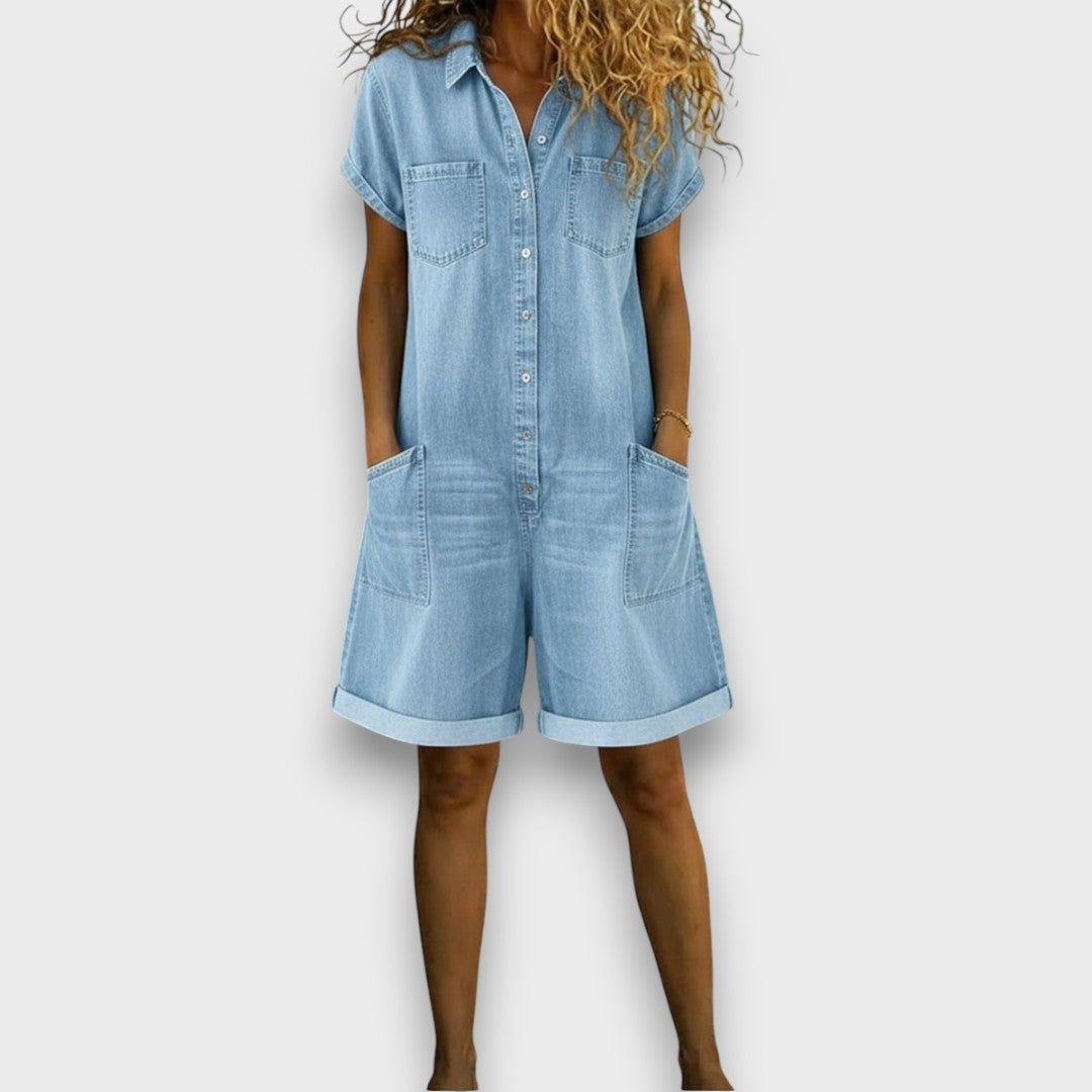 Sally | Vintage Short Cotton Denim-Look Jumpsuit