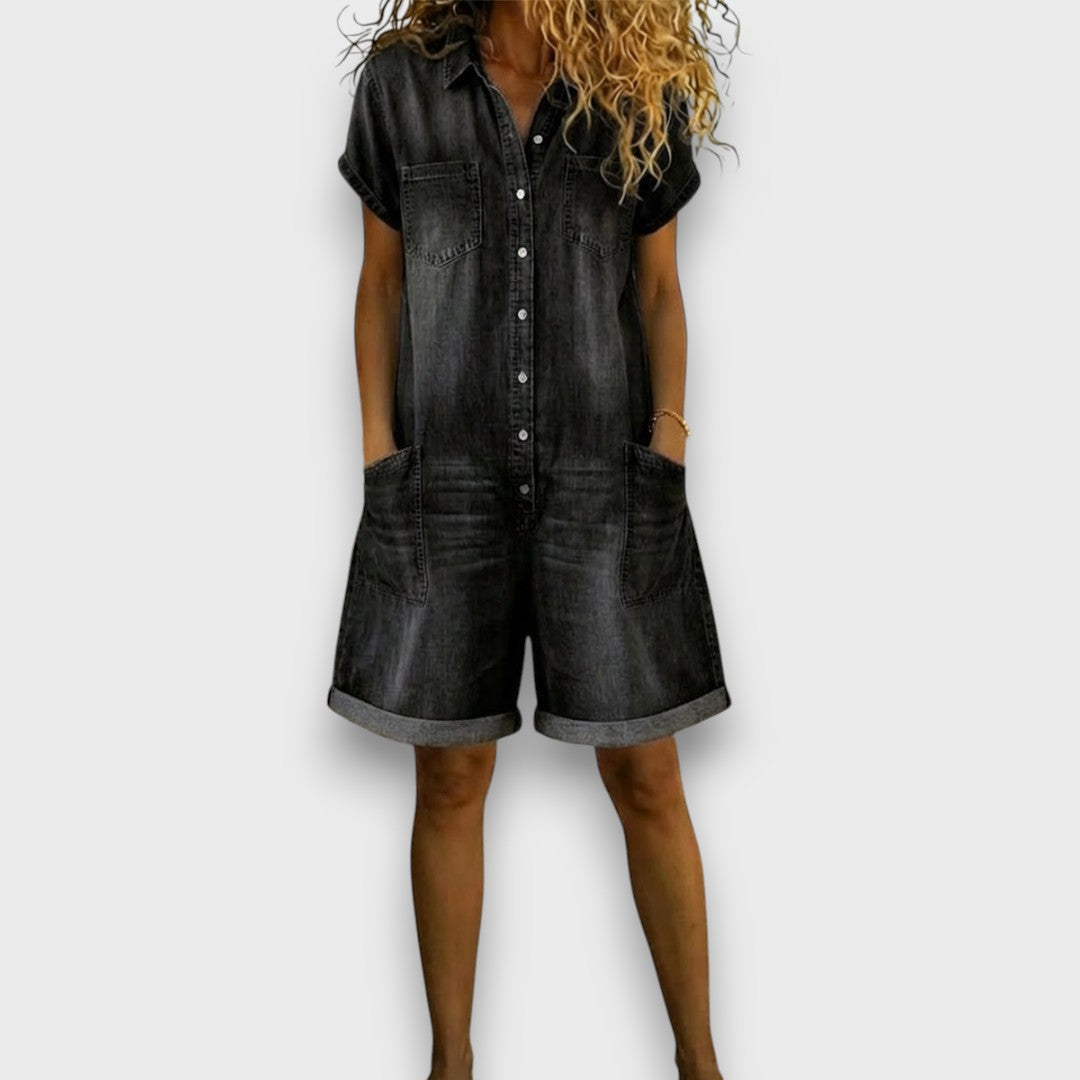 Sally | Vintage Short Cotton Denim-Look Jumpsuit